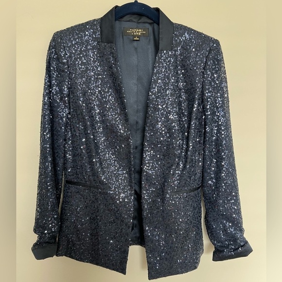 🍭 Tahari luxe sequin blazer navy Size 4 - Picture 1 of 6